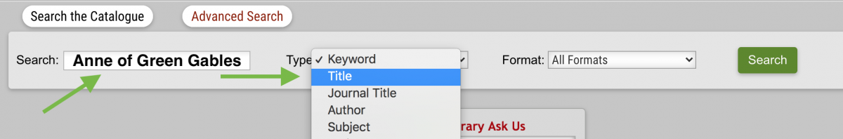 A user has entered "Anne of Green Gables" in the search box and selected "Title" from the drop-down menu labelled "Type."